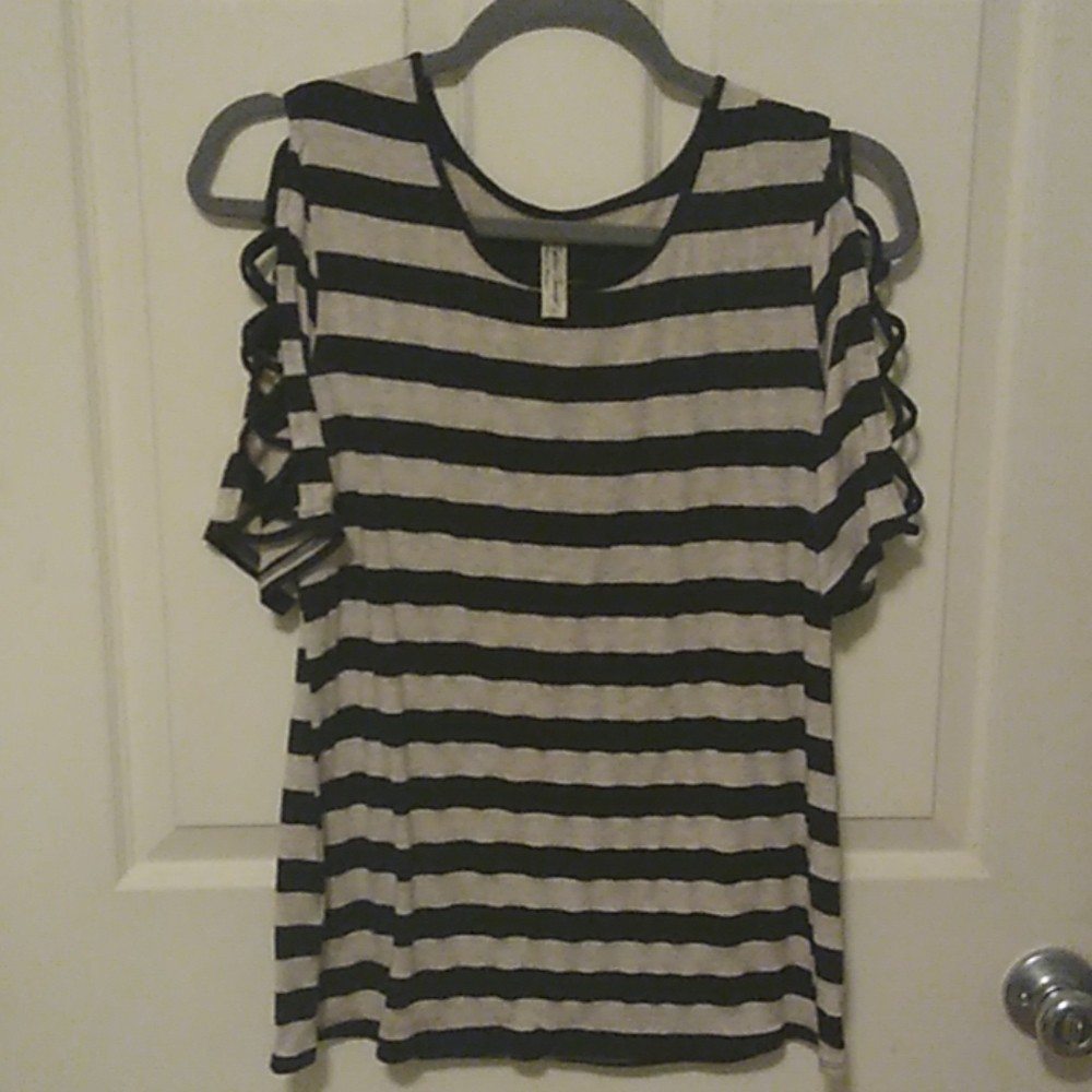 Navy blue and creme striped shirt with peekaboo an